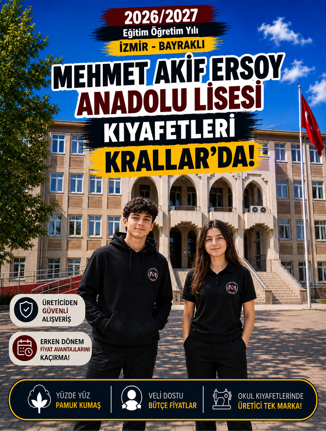 İzmir Bayraklı Mehmet Akif Ersoy Anadolu Lisesi okul kıyafetleri ve okul forması, Krallar Tekstil tarafından okulun forma modeline uygun olarak üretilmektedir.