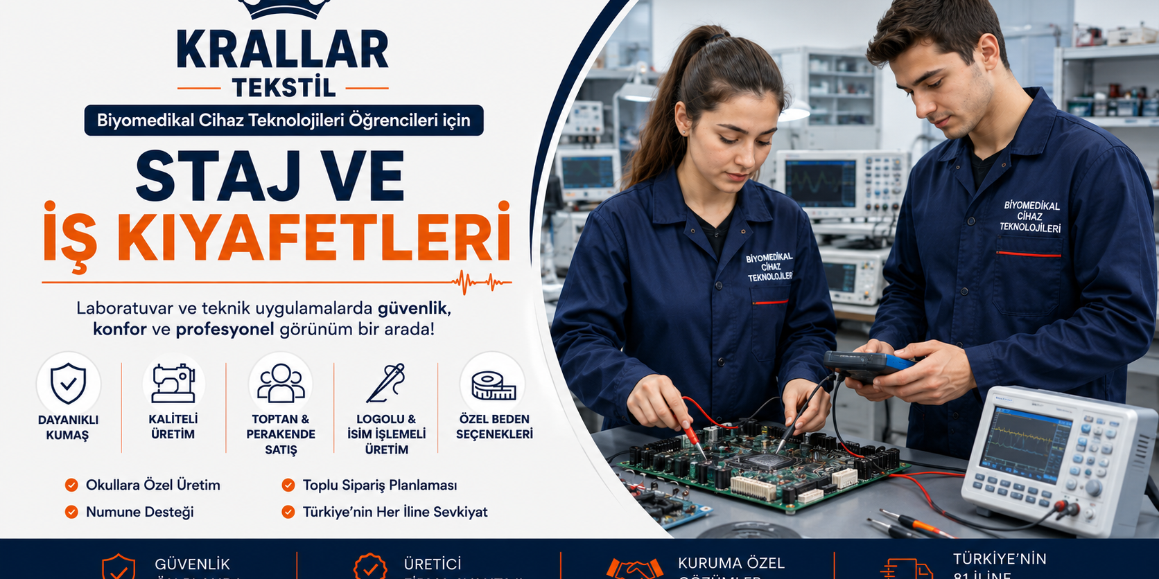 Biyomedikal Cihaz Teknolojileri öğrencileri için staj kıyafeti, iş kıyafeti ve okul logolu özel üretim seçenekleri Krallar Tekstil’de.