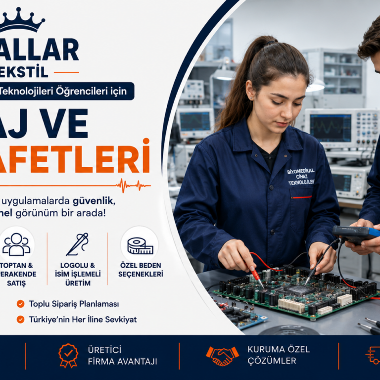 Biyomedikal Cihaz Teknolojileri öğrencileri için staj kıyafeti, iş kıyafeti ve okul logolu özel üretim seçenekleri Krallar Tekstil’de.