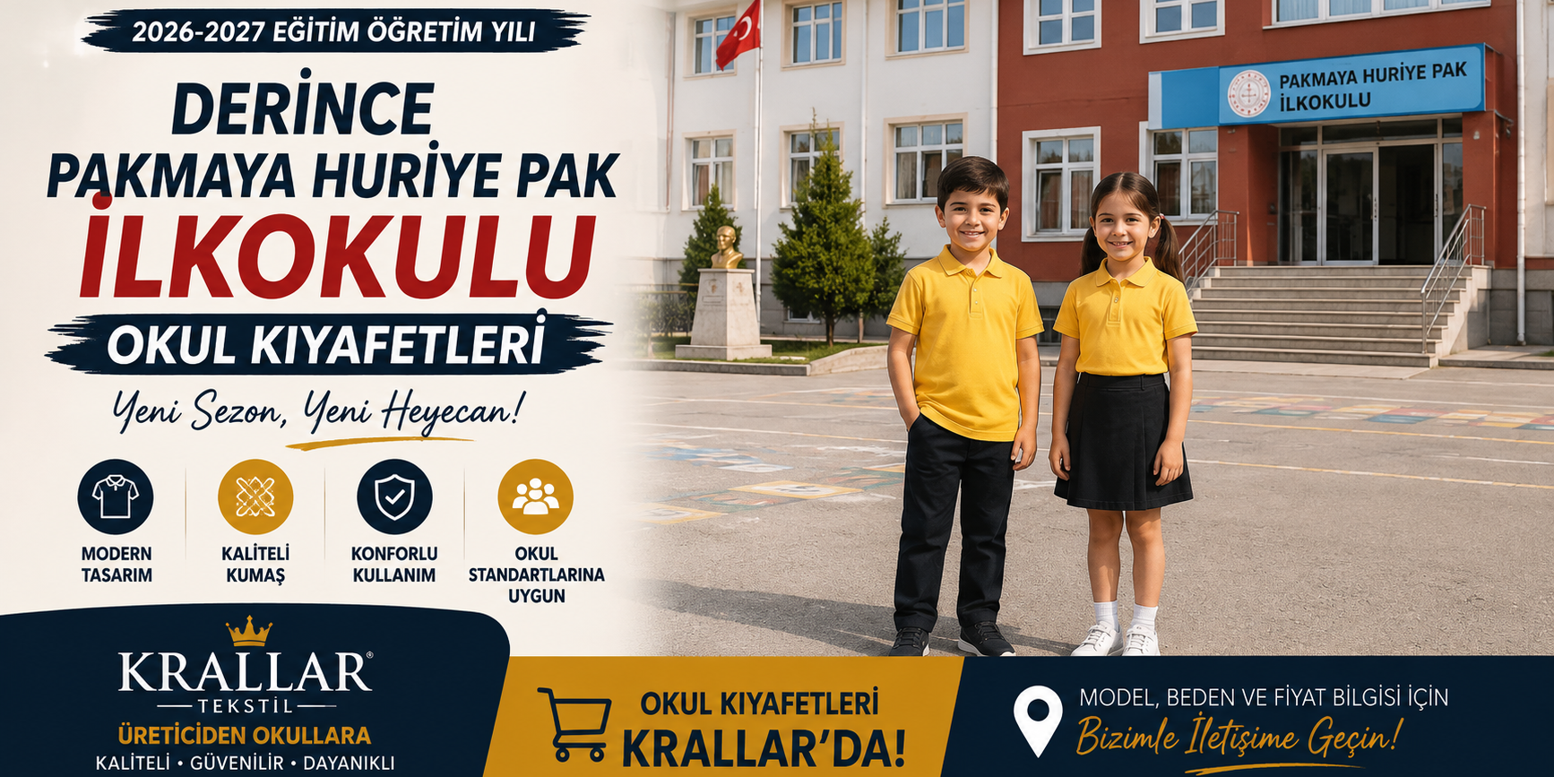 Derince Pakmaya Huriye Pak İlkokulu 2026-2027 okul kıyafetleri. Sarı polo yaka okul formaları Krallar Tekstil kalitesiyle.