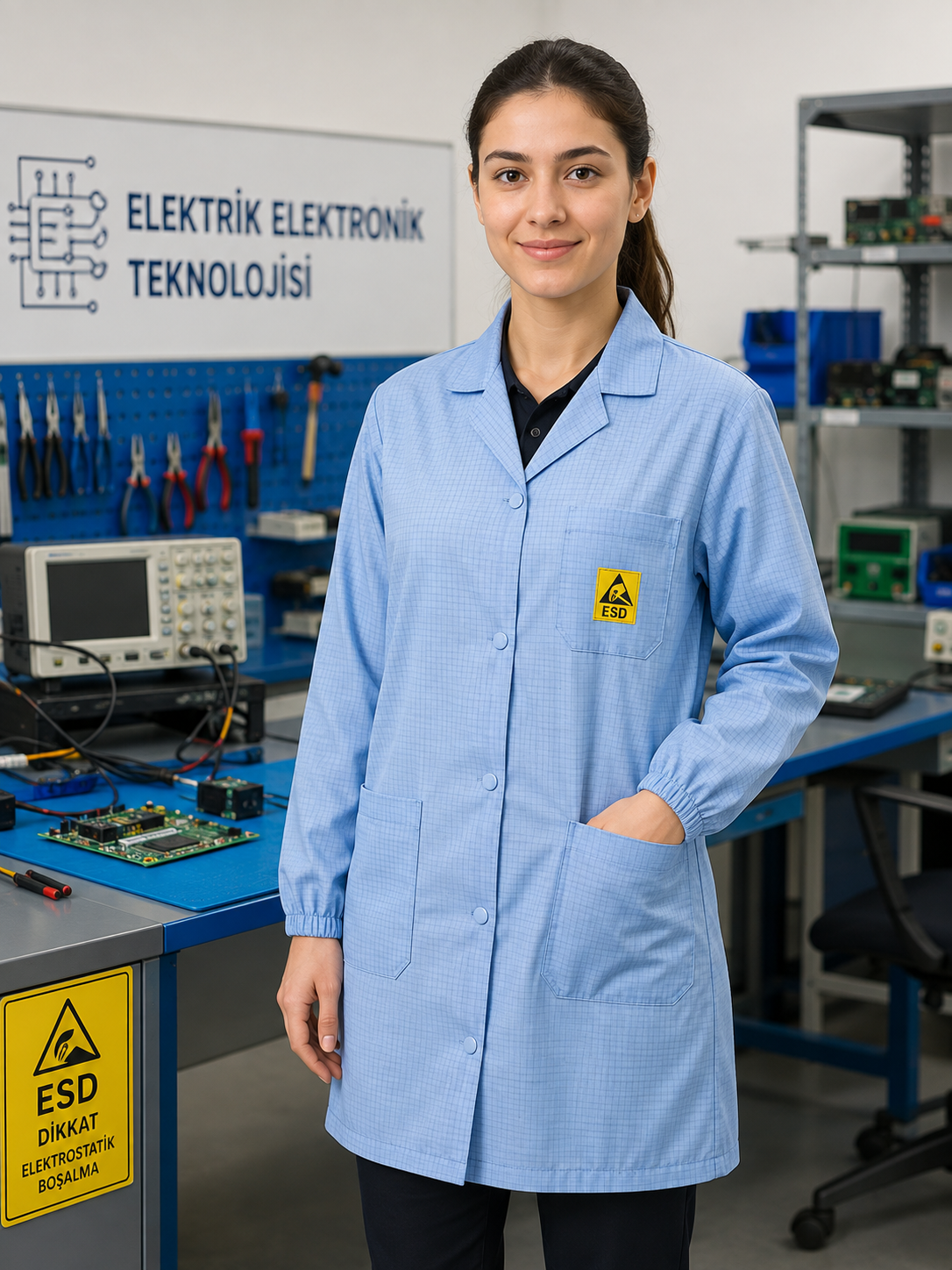 Hassas elektronik çalışmalar için güvenli, konforlu ve profesyonel antistatik iş önlüğü Krallar Tekstil’de.