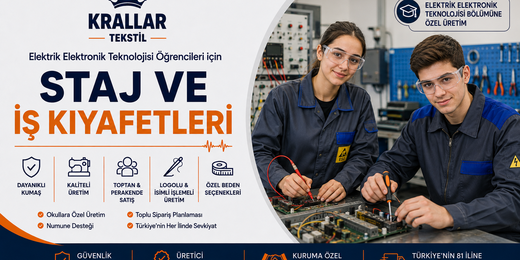 elektrik-elektronik-teknolojisi-staj-is-kiyafetleri Elektrik Elektronik Teknolojisi öğrencileri için iş tulumu, antistatik iş önlüğü ve staj kıyafeti üretimi; okullara özel, logolu ve özel beden seçenekleriyle Krallar Tekstil.