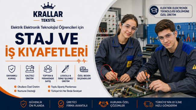 Elektrik Elektronik Teknolojisi öğrencileri için iş tulumu, antistatik iş önlüğü ve staj kıyafeti üretimi; okullara özel, logolu ve özel beden seçenekleriyle Krallar Tekstil.