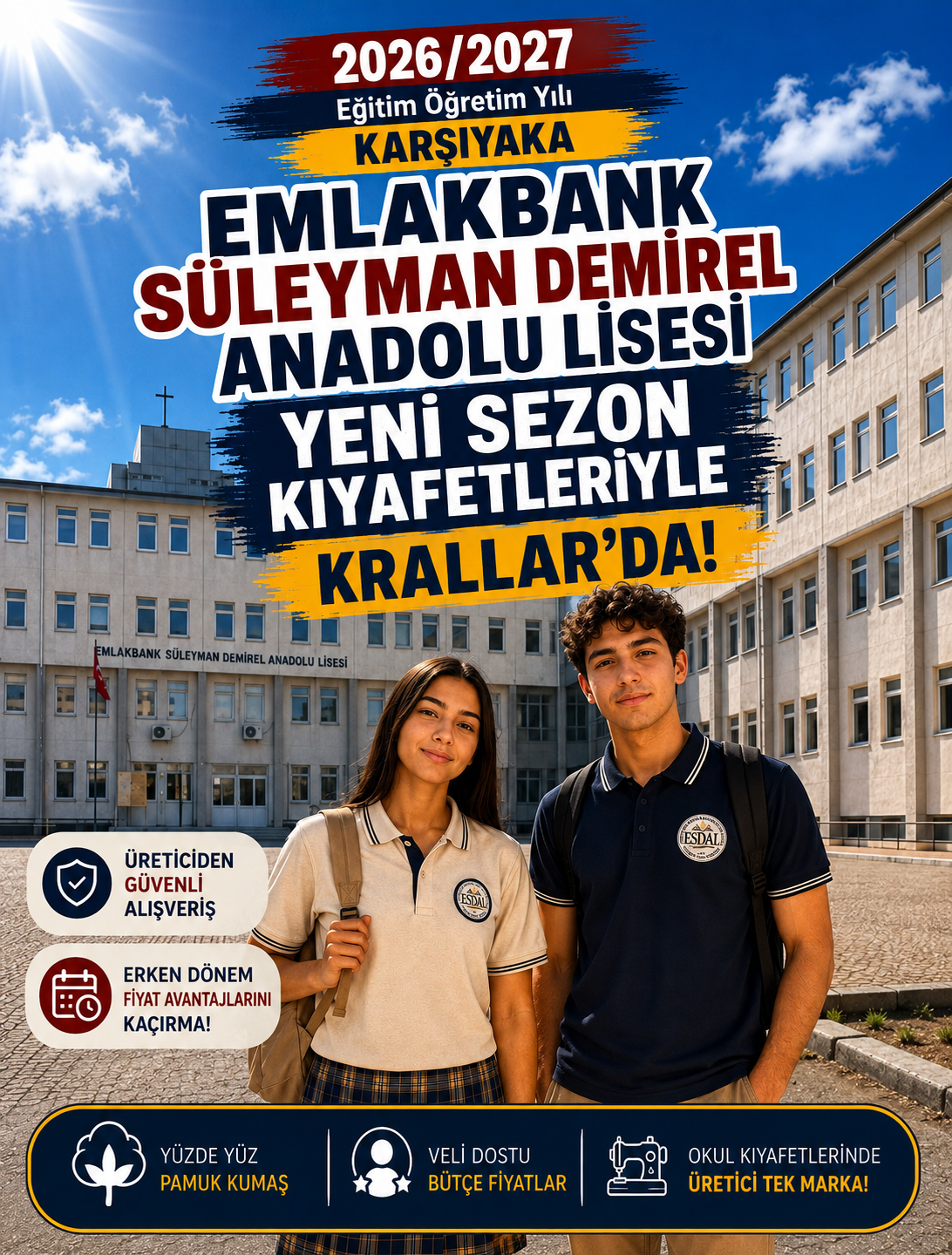 Emlakbank Süleyman Demirel Anadolu Lisesi 2026-2027 yeni sezon okul kıyafeti forması Karşıyaka İzmir