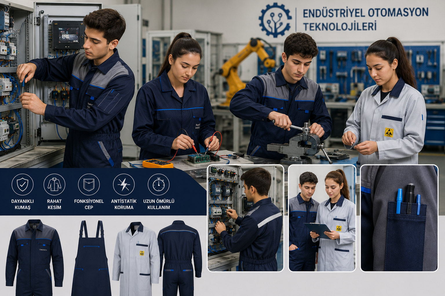 PLC, elektrik panosu, elektronik kart ve üretim uygulamalarında kullanılmak üzere tasarlanan endüstriyel otomasyon iş kıyafetleri, dayanıklı kumaş, rahat kesim ve uzun ömürlü kullanım avantajıyla Krallar Tekstil tarafından üretilmektedir.