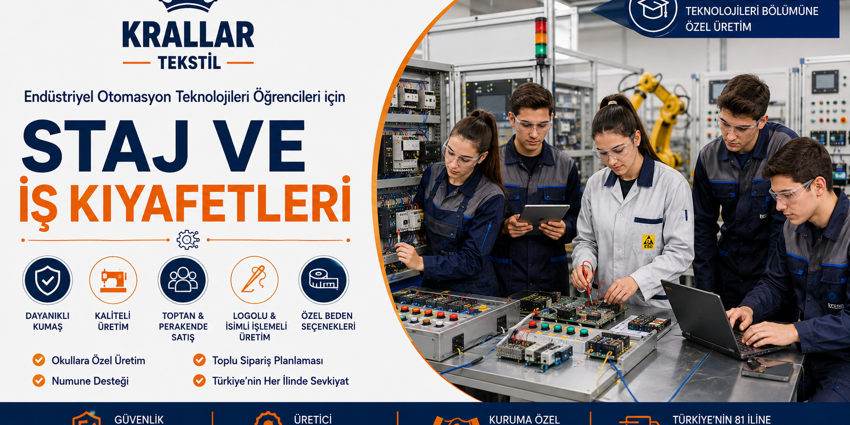 Endüstriyel Otomasyon Teknolojileri öğrencileri için özel olarak üretilen iş tulumu, iş önlüğü ve antistatik iş önlüğü modelleriyle okul, atölye ve staj süreçlerinde maksimum konfor ve dayanıklılık. Krallar Tekstil güvencesiyle logo nakışlı, kuruma özel üretim, toptan ve perakende satış avantajı.