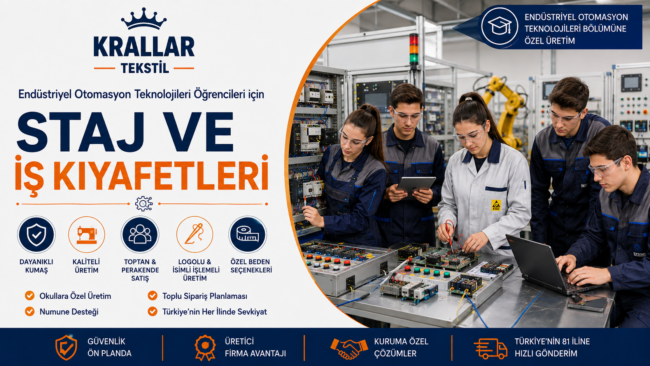 Endüstriyel Otomasyon Teknolojileri öğrencileri için özel olarak üretilen iş tulumu, iş önlüğü ve antistatik iş önlüğü modelleriyle okul, atölye ve staj süreçlerinde maksimum konfor ve dayanıklılık. Krallar Tekstil güvencesiyle logo nakışlı, kuruma özel üretim, toptan ve perakende satış avantajı.