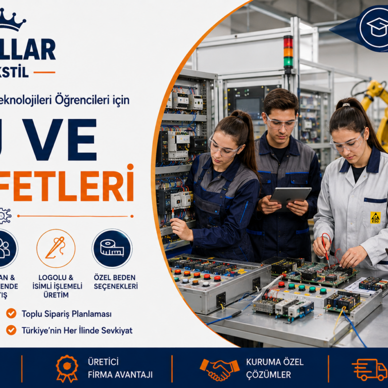 endustriyel-otomasyon-teknolojileri-staj-ve-is-kiyafetleri-krallar-tekstil Endüstriyel Otomasyon Teknolojileri öğrencileri için özel olarak üretilen iş tulumu, iş önlüğü ve antistatik iş önlüğü modelleriyle okul, atölye ve staj süreçlerinde maksimum konfor ve dayanıklılık. Krallar Tekstil güvencesiyle logo nakışlı, kuruma özel üretim, toptan ve perakende satış avantajı.