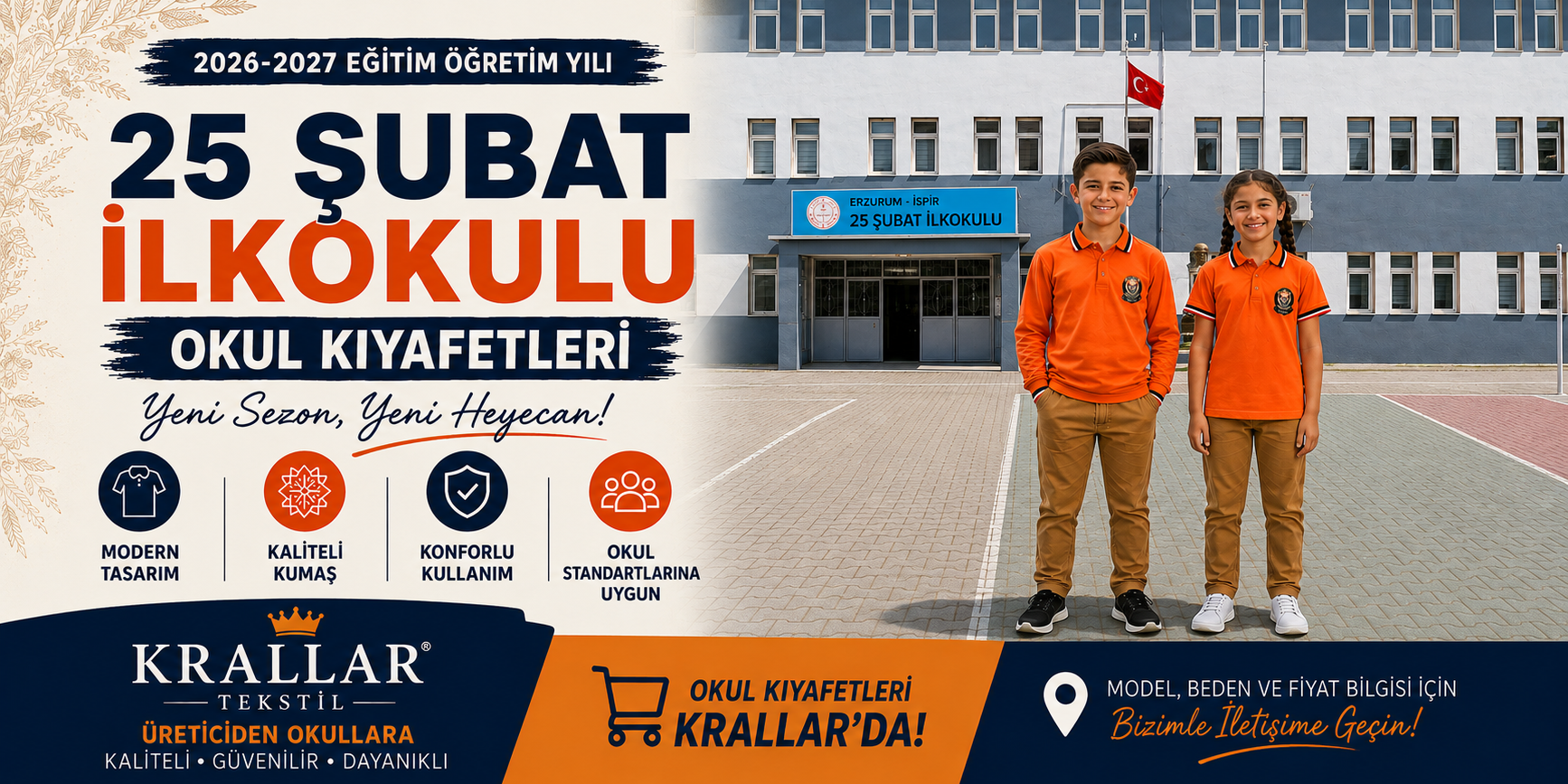 25 Şubat İlkokulu 2026-2027 okul kıyafetleri Krallar kalitesiyle yeni sezona hazır.