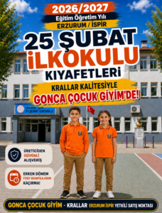 Erzurum İspir 25 Şubat İlkokulu okul kıyafetleri ve okul forması, Krallar Tekstil tarafından üretilmekte ve Gonca Çocuk Giyim - Krallar Erzurum İspir Yetkili Satış Noktası'nda sunulmaktadır.