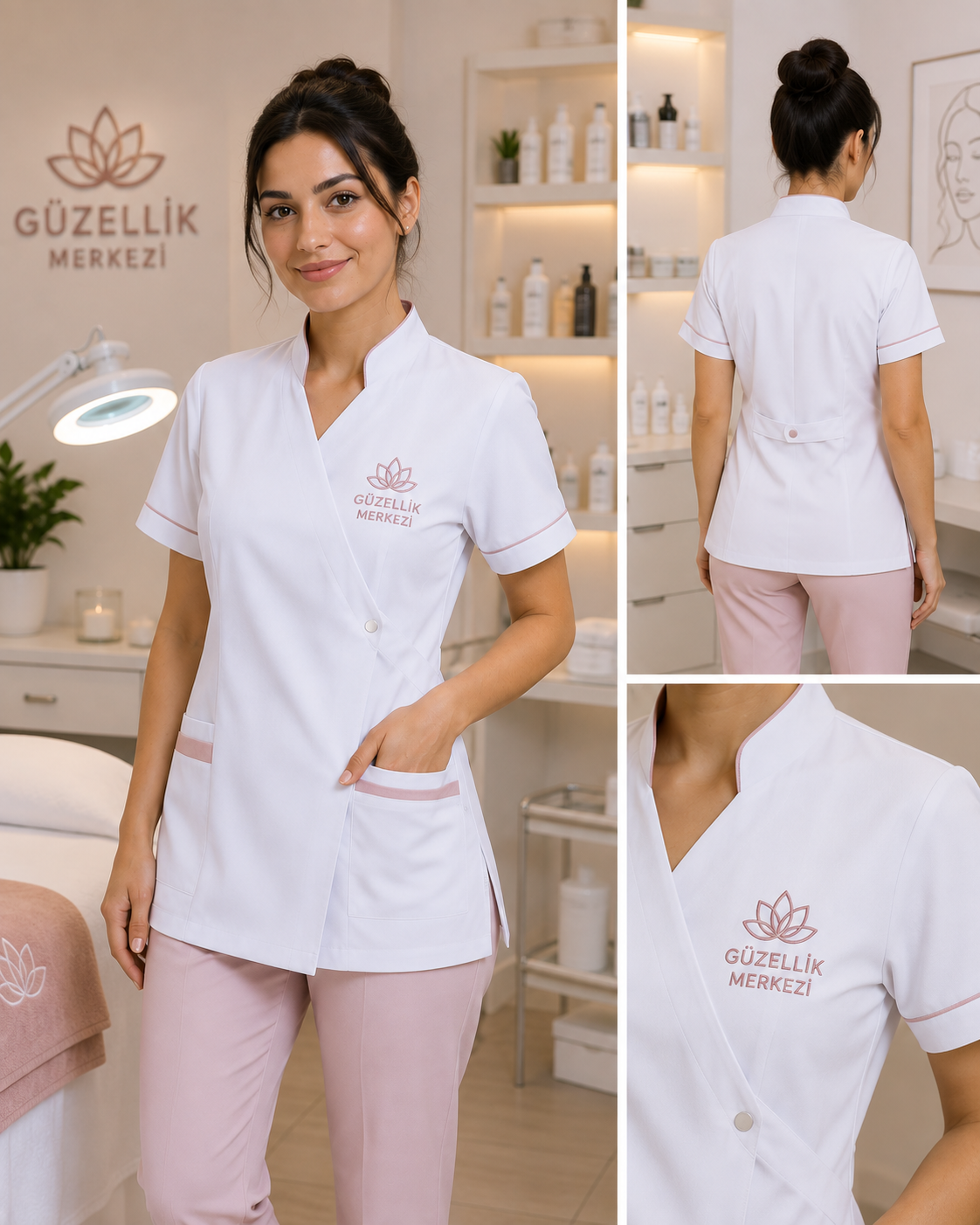 Güzellik ve cilt bakım merkezleri için özel logolu, konforlu ve profesyonel estetisyen kıyafeti. Krallar Tekstil’den kuruma özel üretim.