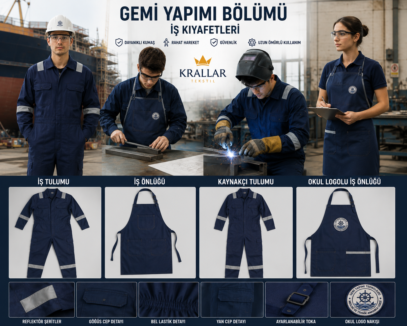 İş tulumu, kaynakçı tulumu ve iş önlüğü dahil Gemi Yapımı Bölümü iş kıyafetleri Krallar Tekstil’de.
