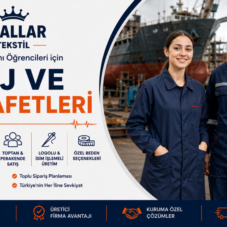 Gemi Yapımı öğrencileri için iş tulumu ve iş önlüğü Krallar Tekstil’de! Okullara özel üretim, logolu ve isim işlemeli seçenekler, özel beden ve toplu sipariş avantajları.