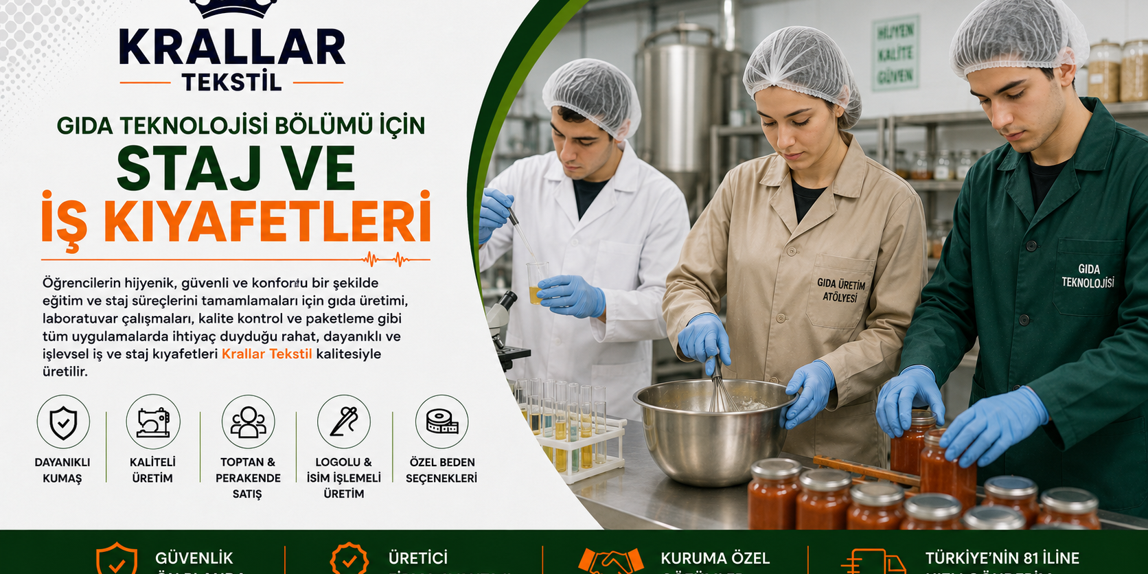 gida-teknolojisi-staj-is-kiyafetleri-krallar-tekstil Gıda Teknolojisi öğrencileri için laboratuvar, gıda üretimi, kalite kontrol ve staj uygulamalarına uygun iş ve staj kıyafetleri – Krallar Tekstil.
