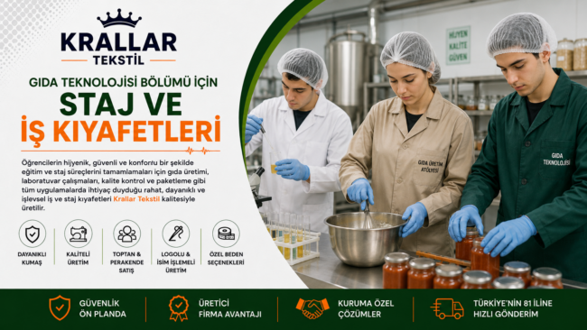 Gıda Teknolojisi öğrencileri için laboratuvar, gıda üretimi, kalite kontrol ve staj uygulamalarına uygun iş ve staj kıyafetleri – Krallar Tekstil.