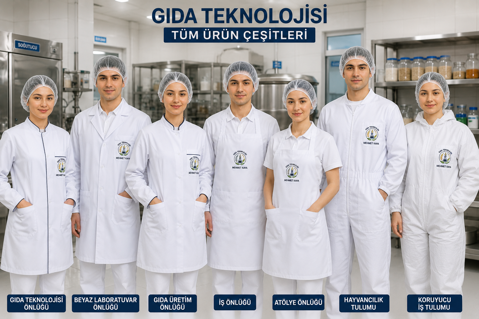Gıda Teknolojisi önlüğü, beyaz laboratuvar önlüğü, gıda üretim önlüğü ve farklı iş kıyafeti modelleri bir arada – Krallar Tekstil.