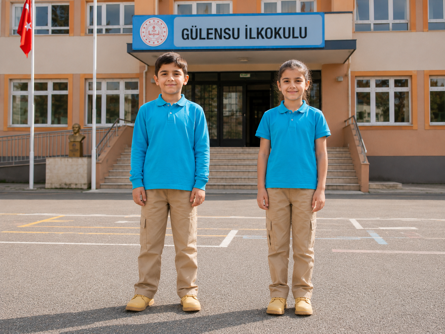 Gülensu İlkokulu okul forması; turkuaz polo yaka üst ve bej pantolon seçenekleri Krallar Tekstil kalitesiyle.