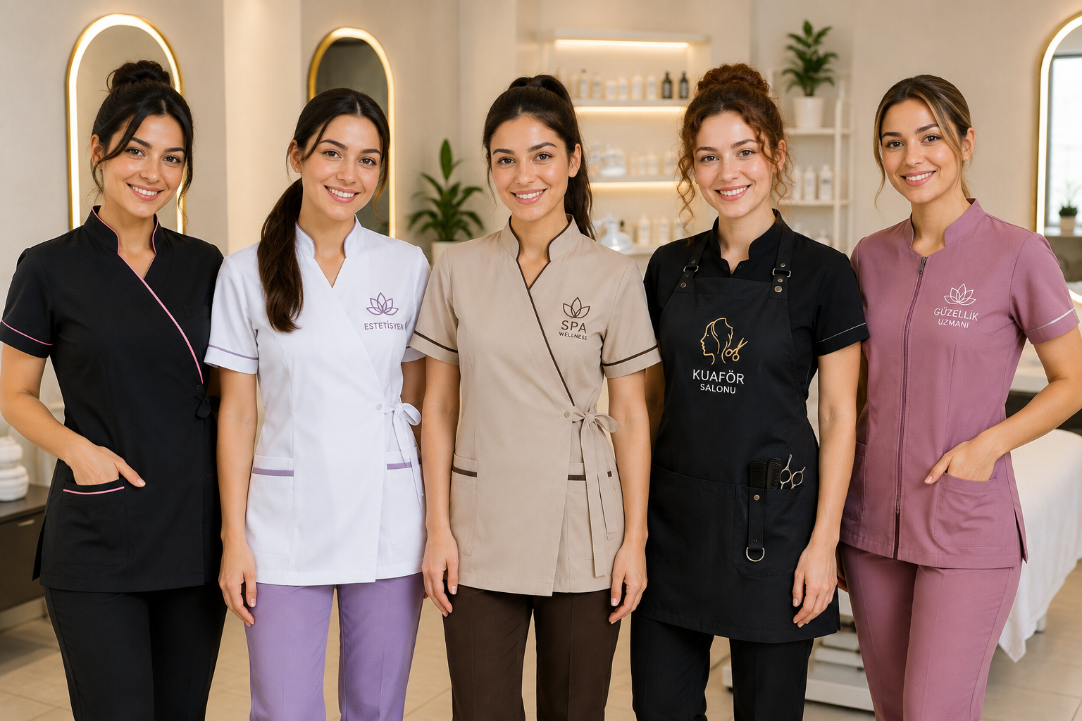 Meslek liseleri Güzellik Hizmetleri bölümü için güzellik uzmanı, estetisyen, kuaför ve spa staj kıyafetleri. Krallar Tekstil’den okul logolu toplu üretim çözümleri.
