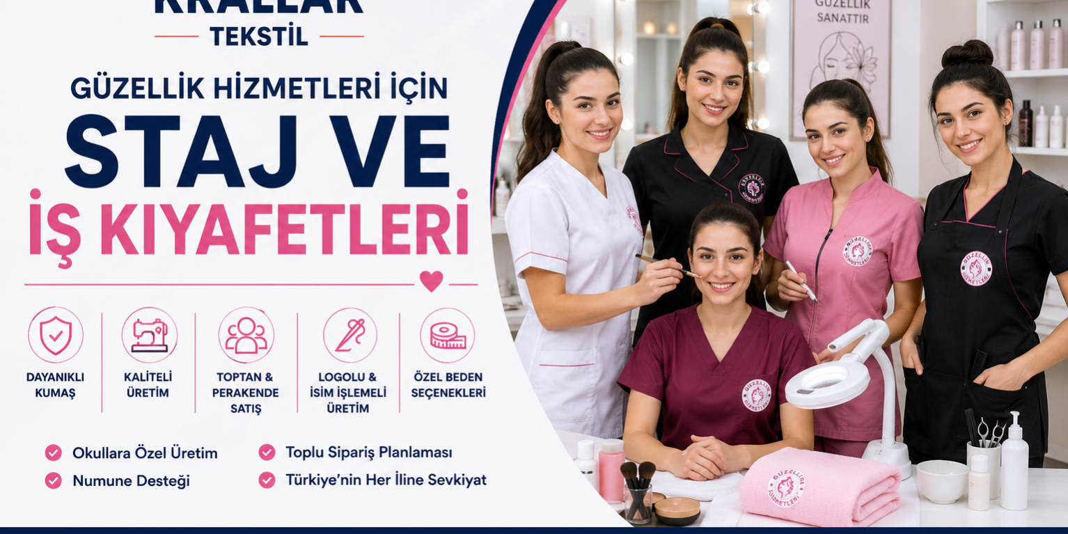 guzellik-hizmetleri-staj-is-kiyafetleri-krallar-tekstil Meslek liseleri Güzellik Hizmetleri bölümü öğrencileri için iş ve staj kıyafetleri. Krallar Tekstil’den okul logolu, özel beden ve toplu üretim çözümleri.