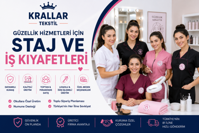 Meslek liseleri Güzellik Hizmetleri bölümü öğrencileri için iş ve staj kıyafetleri. Krallar Tekstil’den okul logolu, özel beden ve toplu üretim çözümleri.
