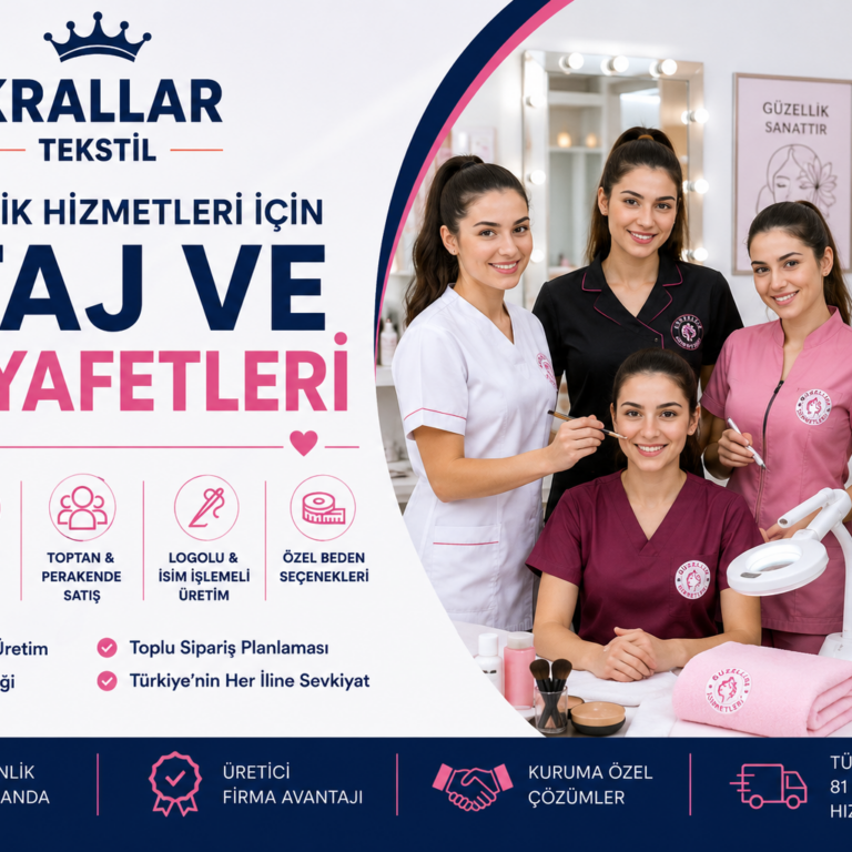 Meslek liseleri Güzellik Hizmetleri bölümü öğrencileri için iş ve staj kıyafetleri. Krallar Tekstil’den okul logolu, özel beden ve toplu üretim çözümleri.