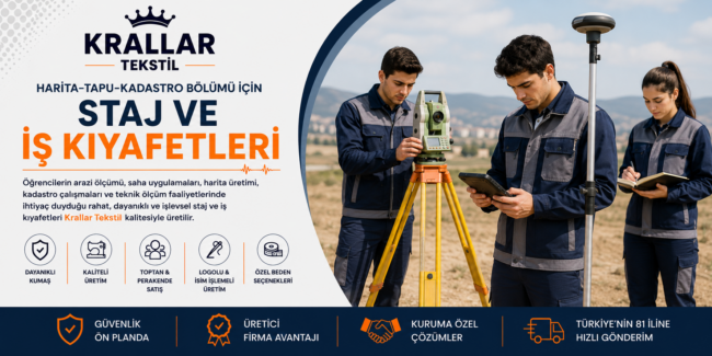 harita-tapu-kadastro-staj-is-kiyafetleri-krallar-tekstil Harita-Tapu-Kadastro öğrencileri için arazi ölçümü ve saha uygulamalarına uygun dayanıklı, rahat ve kuruma özel iş ve staj kıyafetleri Krallar Tekstil.