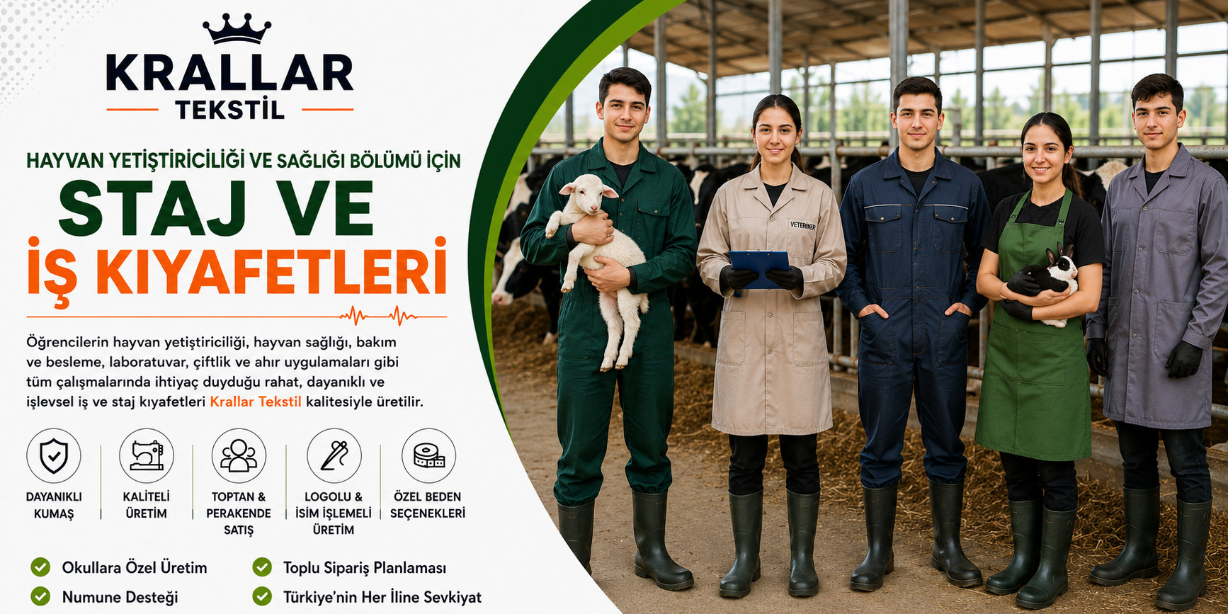 Hayvan Yetiştiriciliği ve Sağlığı bölümü için veteriner önlüğü, hayvancılık tulumu, koruyucu iş tulumu ve iş-staj kıyafetleri Krallar Tekstil üretimi.