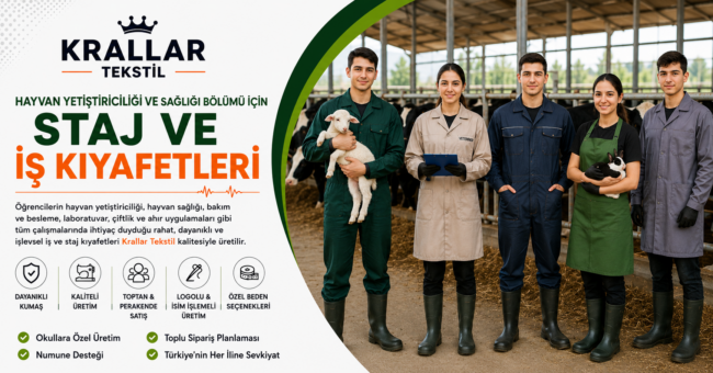 Hayvan Yetiştiriciliği ve Sağlığı bölümü için veteriner önlüğü, hayvancılık tulumu, koruyucu iş tulumu ve iş-staj kıyafetleri Krallar Tekstil üretimi.