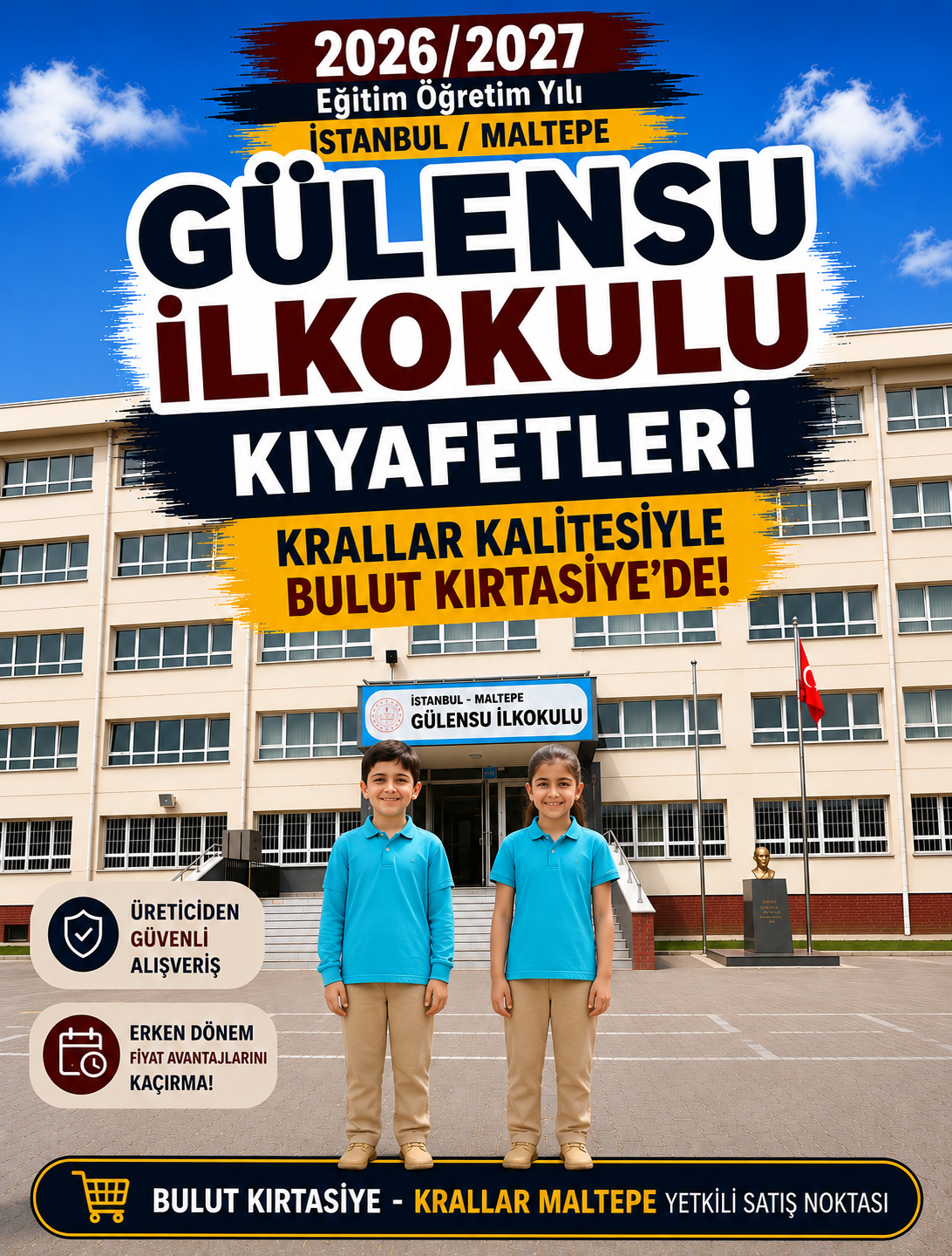 İstanbul Maltepe Gülensu İlkokulu okul kıyafetleri ve okul forması, Krallar Tekstil tarafından okulun forma modeline uygun olarak üretilmektedir.