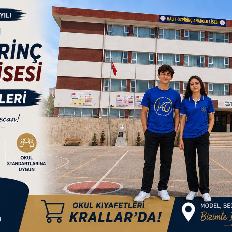 İzmir Bayraklı Halit Özpirinç Anadolu Lisesi 2026-2027 okul kıyafetleri. Mavi okul tişörtleri ve siyah pantolon modelleri Krallar Tekstil kalitesiyle.