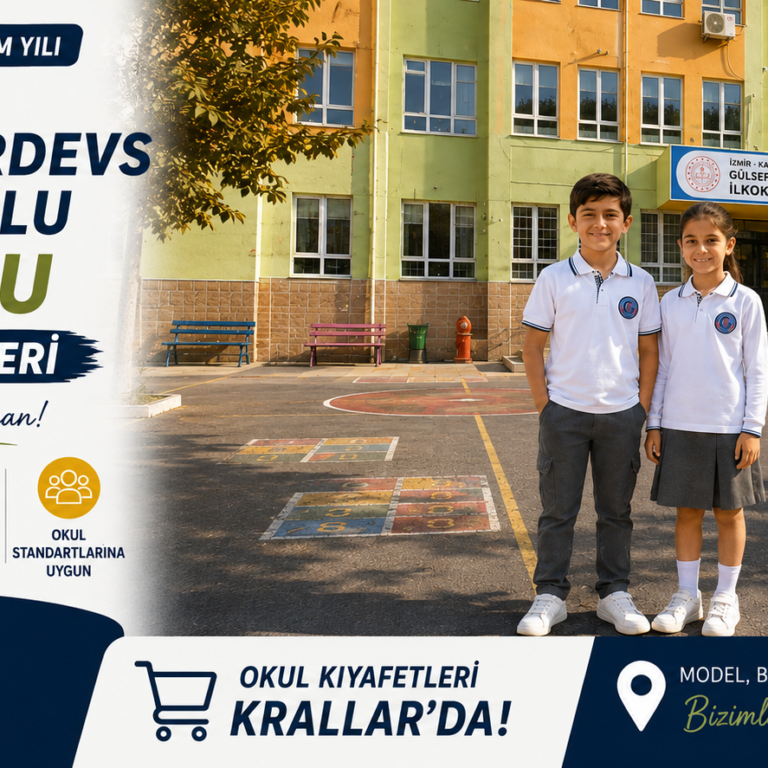 İzmir Karşıyaka Gülsefa Firdevs Kapancıoğlu İlkokulu 2026-2027 okul kıyafetleri. Beyaz, lacivert ve antrasit okul formaları Krallar Tekstil kalitesiyle.