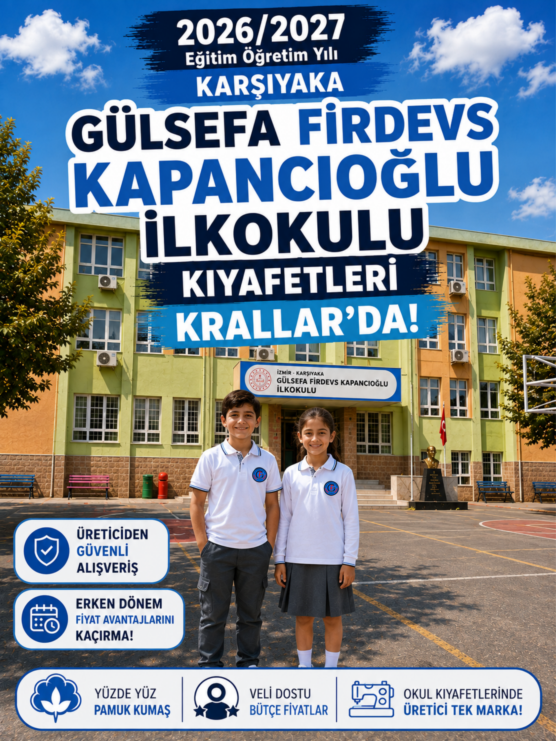 İzmir Karşıyaka Gülsefa Firdevs Kapancıoğlu İlkokulu okul kıyafetleri ve okul forması, Krallar Tekstil tarafından okulun forma modeline uygun olarak üretilmektedir.