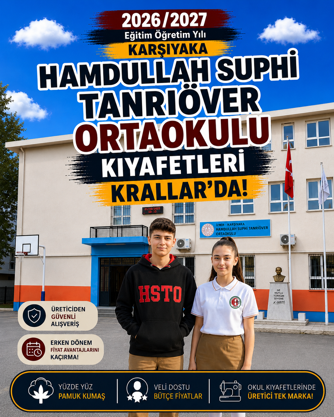İzmir Karşıyaka Hamdullah Suphi Tanrıöver Ortaokulu okul kıyafetleri ve okul forması, Krallar Tekstil tarafından okulun forma modeline uygun olarak üretilmektedir.
