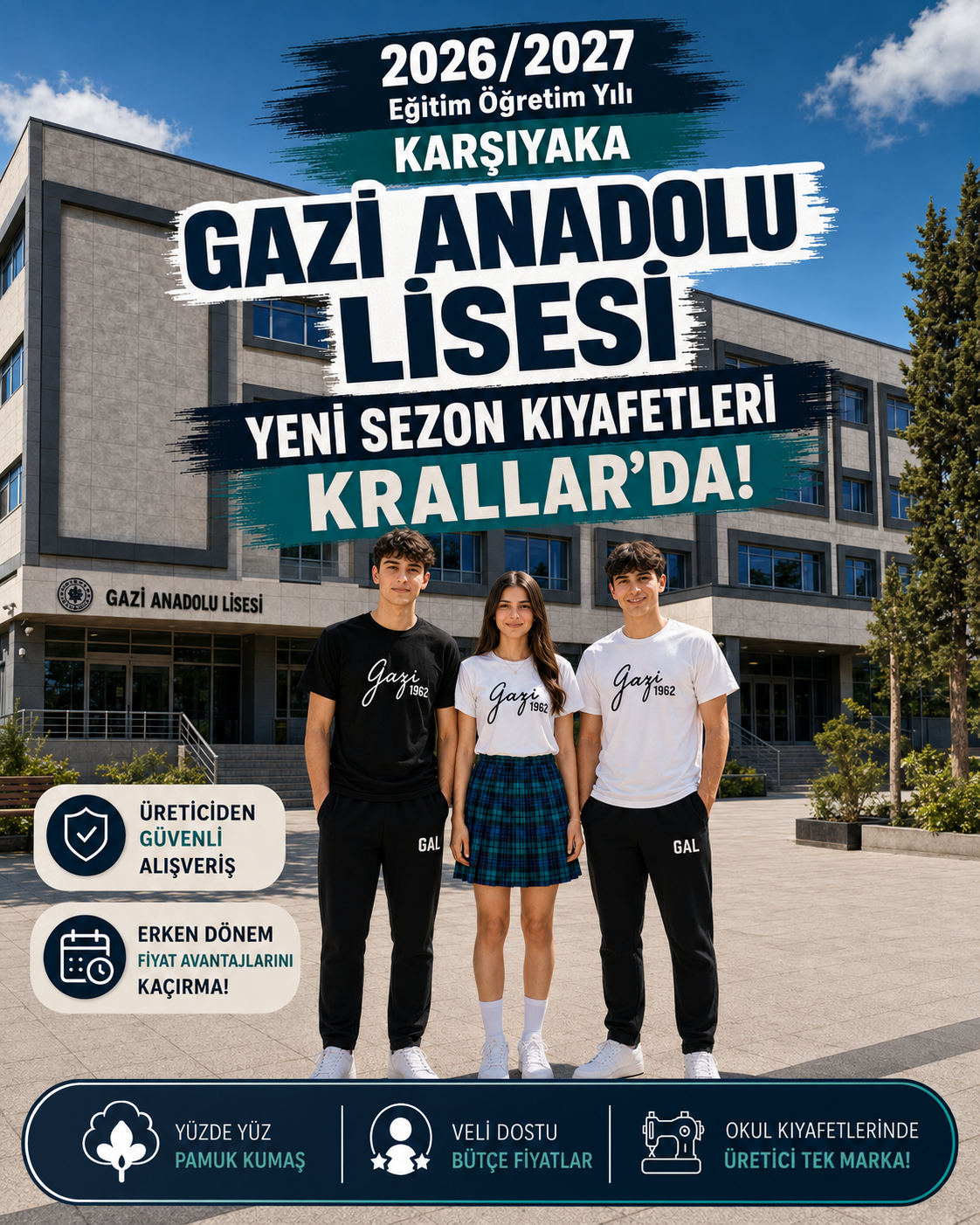 Karşıyaka Gazi Anadolu Lisesi 2026-2027 yeni sezon okul kıyafetleri Krallar Tekstil’de. Yeni forma modelleri, kaliteli kumaş ve üreticiden avantajlı fiyat seçenekleriyle.