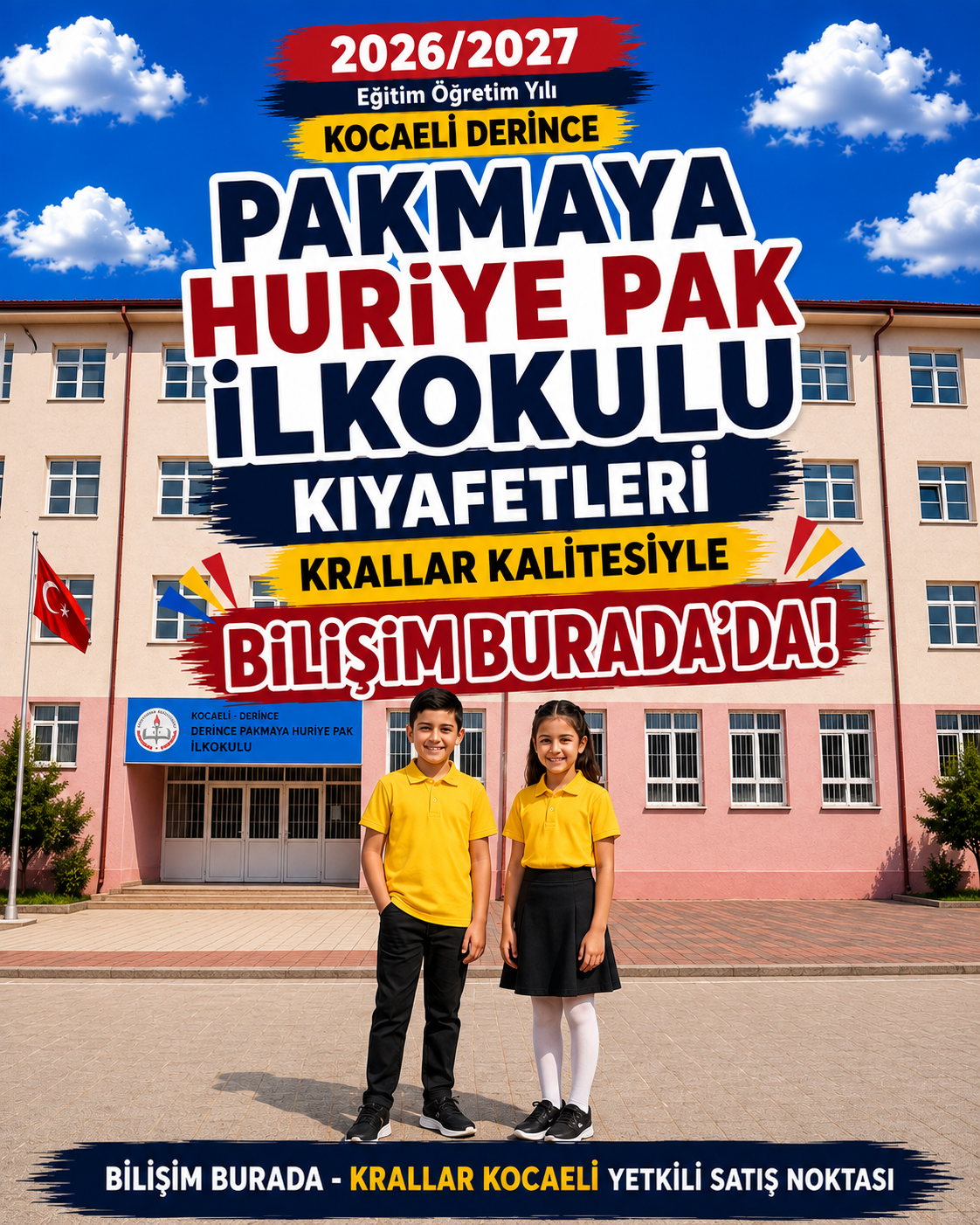 Kocaeli Derince Pakmaya Huriye Pak İlkokulu okul kıyafetleri ve okul forması, Krallar Tekstil tarafından üretilmekte ve Bilişim Burada - Krallar Kocaeli Yetkili Satış Noktası'nda sunulmaktadır.