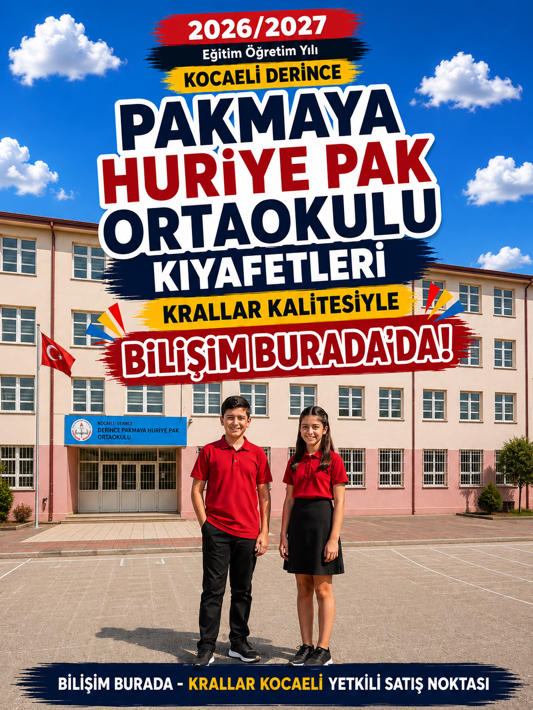 Kocaeli Derince Pakmaya Huriye Pak Ortaokulu okul kıyafetleri ve okul forması, Krallar Tekstil tarafından üretilmekte ve Bilişim Burada - Krallar Kocaeli Yetkili Satış Noktası'nda sunulmaktadır.