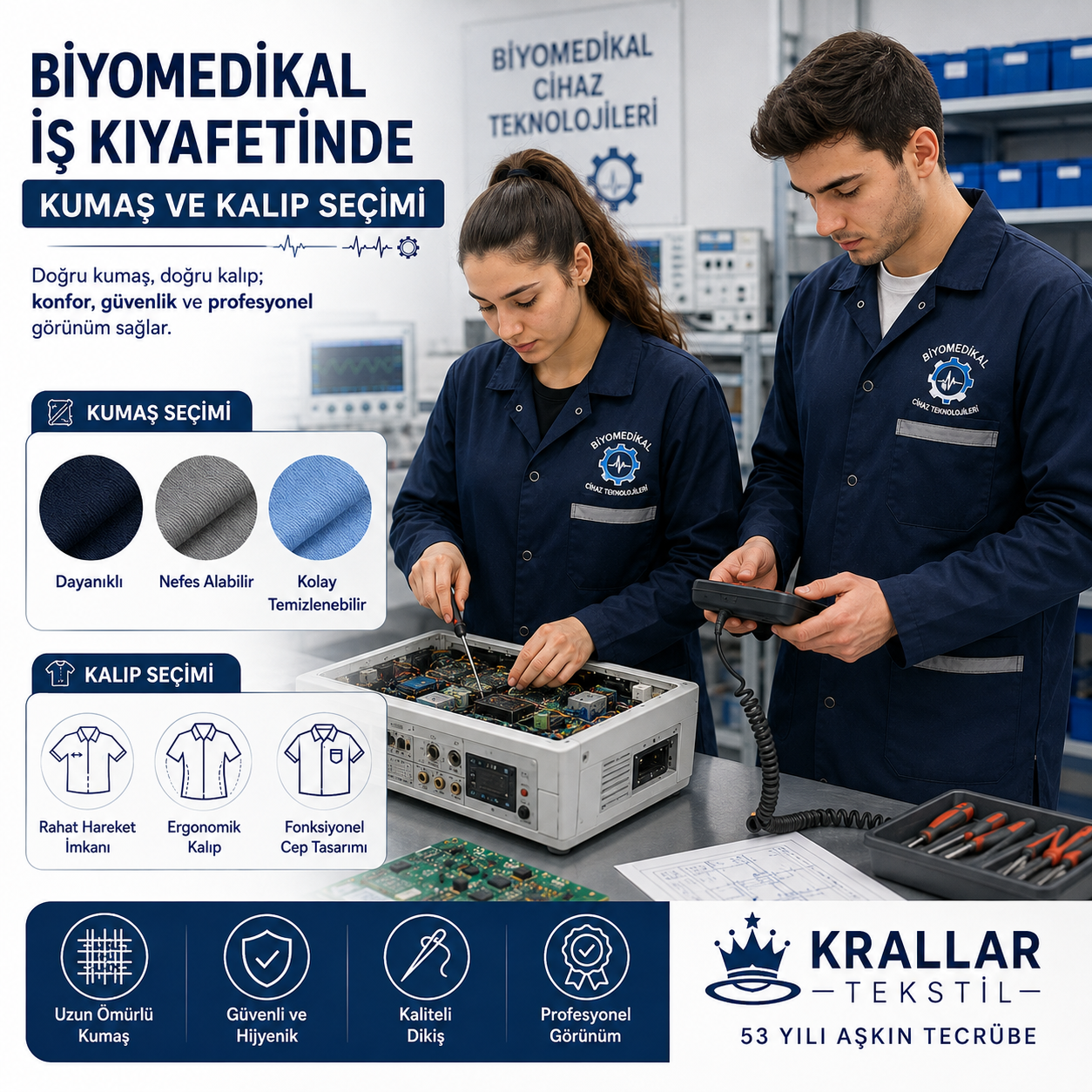 Biyomedikal iş kıyafetlerinde doğru kumaş, ergonomik kalıp ve uzun süreli kullanım için Krallar Tekstil kalitesi.