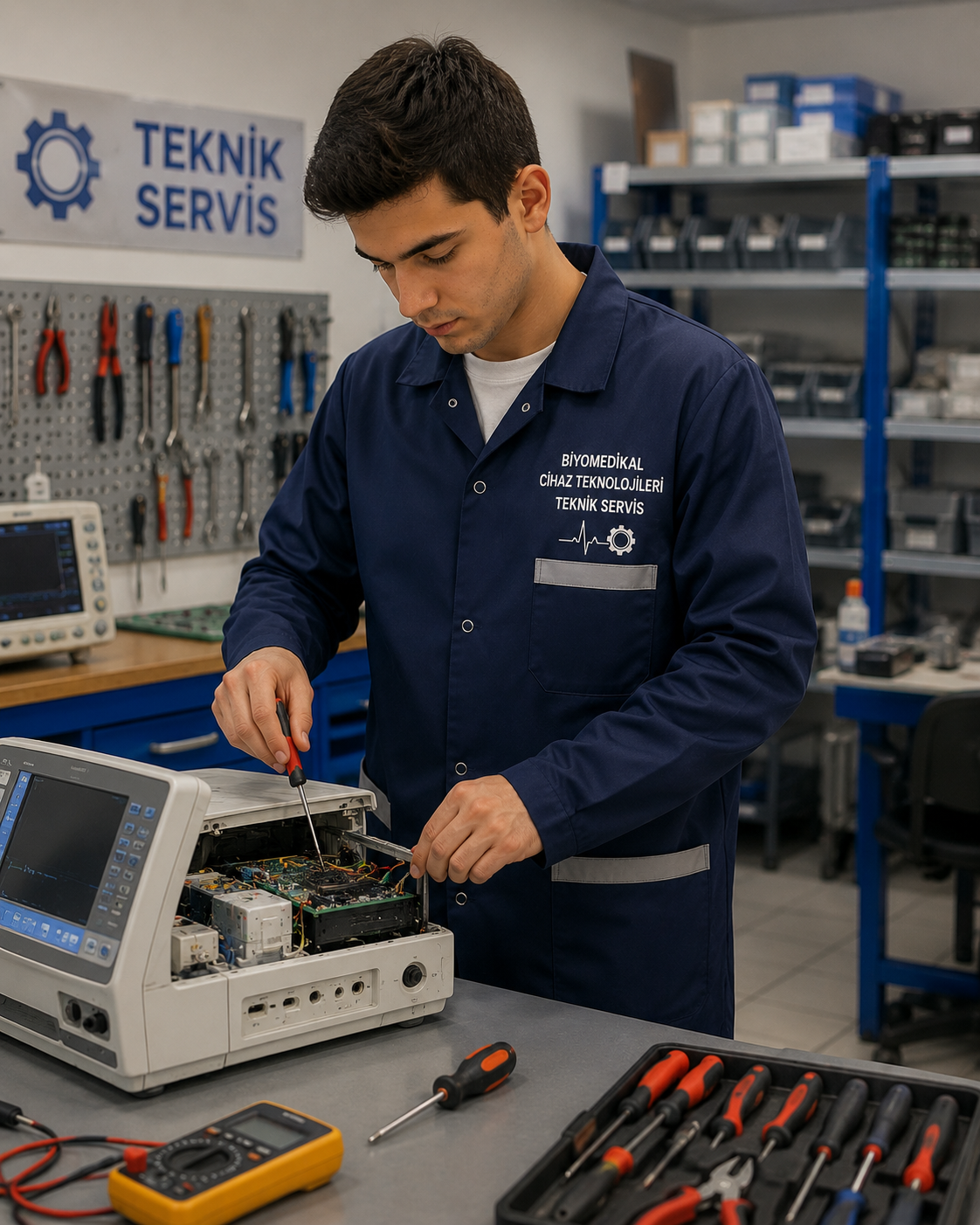 Biyomedikal teknik servis ve cihaz bakım uygulamalarına uygun profesyonel Krallar Tekstil önlükleri.