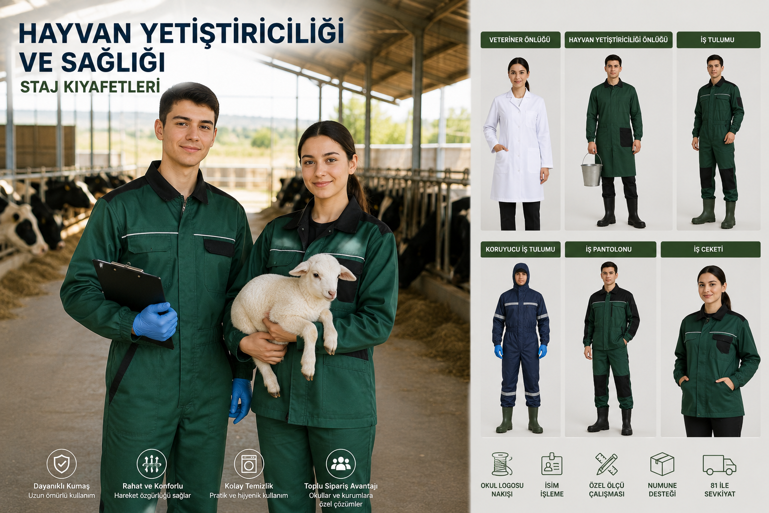 Hayvan Yetiştiriciliği ve Sağlığı staj kıyafetleri; önlük, tulum ve iş kıyafeti seçenekleriyle kuruma özel üretim Krallar Tekstil.