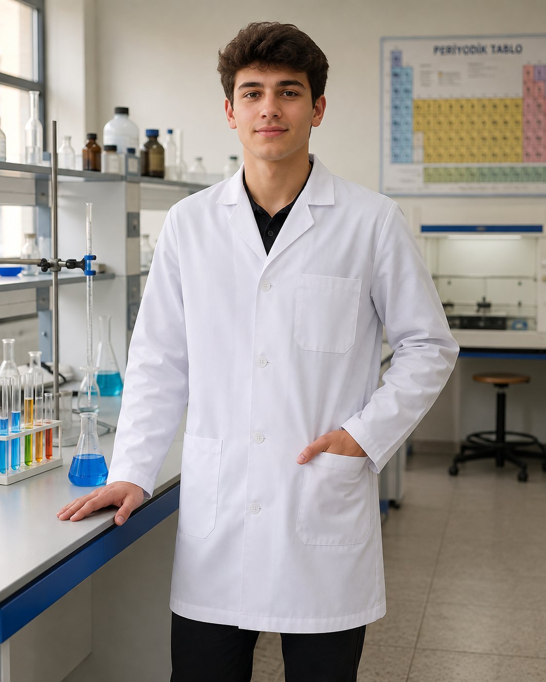 Kimya laboratuvarlarında öğrenciler için rahat kalıp, dayanıklı kumaş ve okul kullanımına uygun laboratuvar önlüğü çözümleri Krallar Tekstil’den.