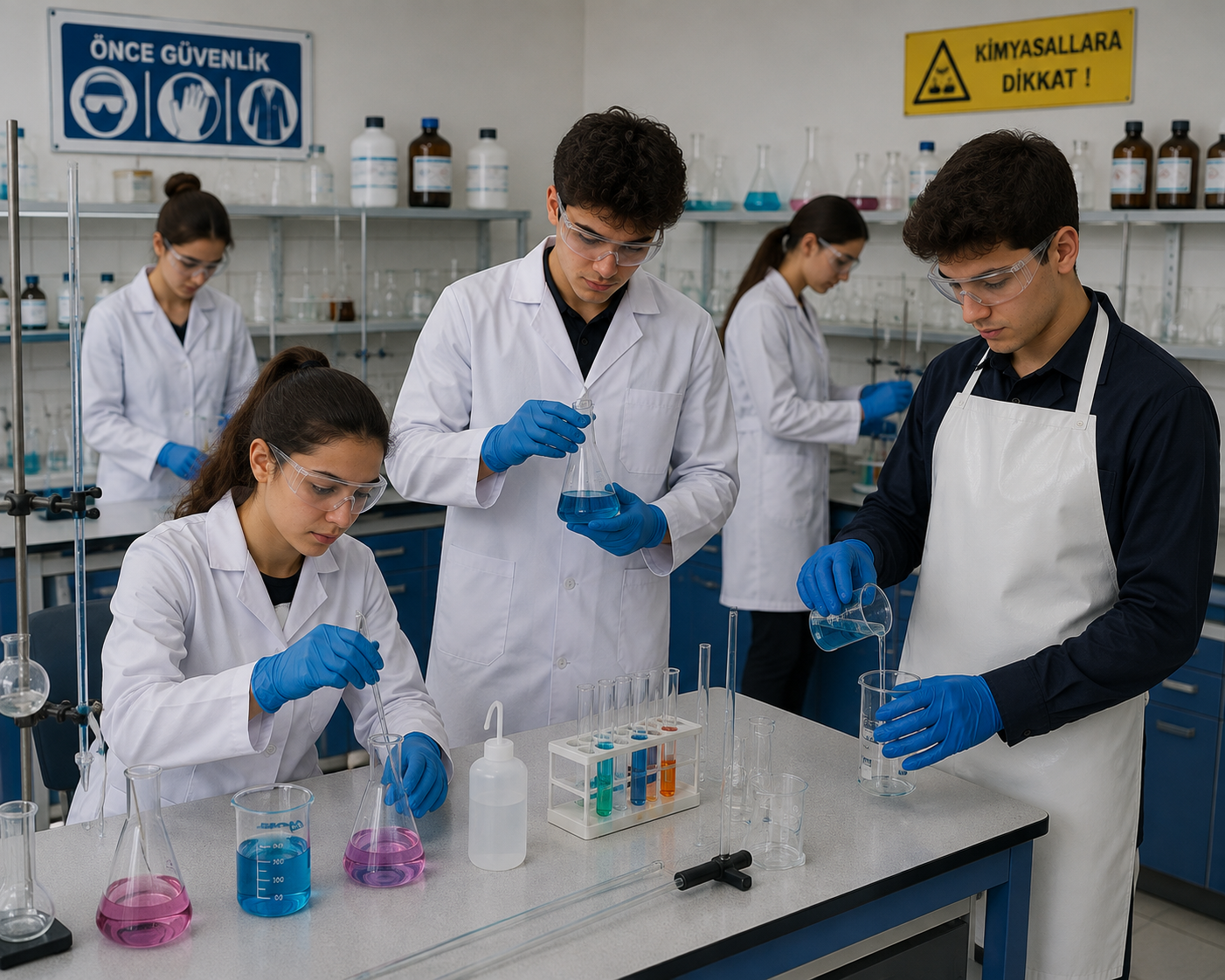 Laboratuvar önlüğü ve kimyasal koruyucu önlük kullanan Kimya Teknolojisi öğrencileri için kuruma özel üretim, toplu sipariş ve devam üretimi Krallar Tekstil’de.