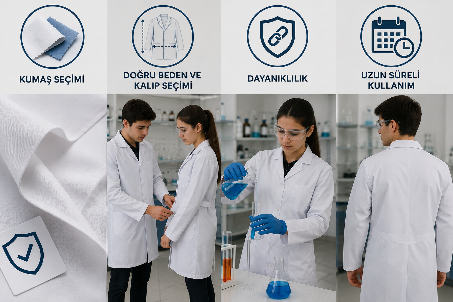 Doğru kumaş, beden, kalıp, dayanıklılık ve uzun süreli kullanım odaklı laboratuvar önlüğü çözümleri Krallar Tekstil güvencesiyle.