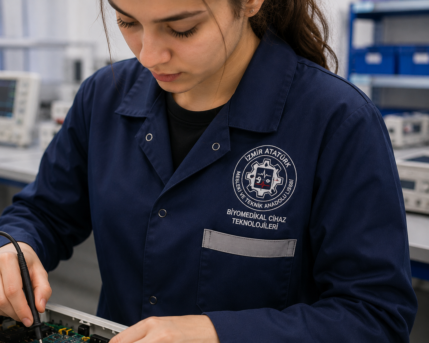 Biyomedikal Cihaz Teknolojileri bölümlerine özel meslek lisesi logolu iş önlüğü üretimi Krallar Tekstil güvencesiyle.