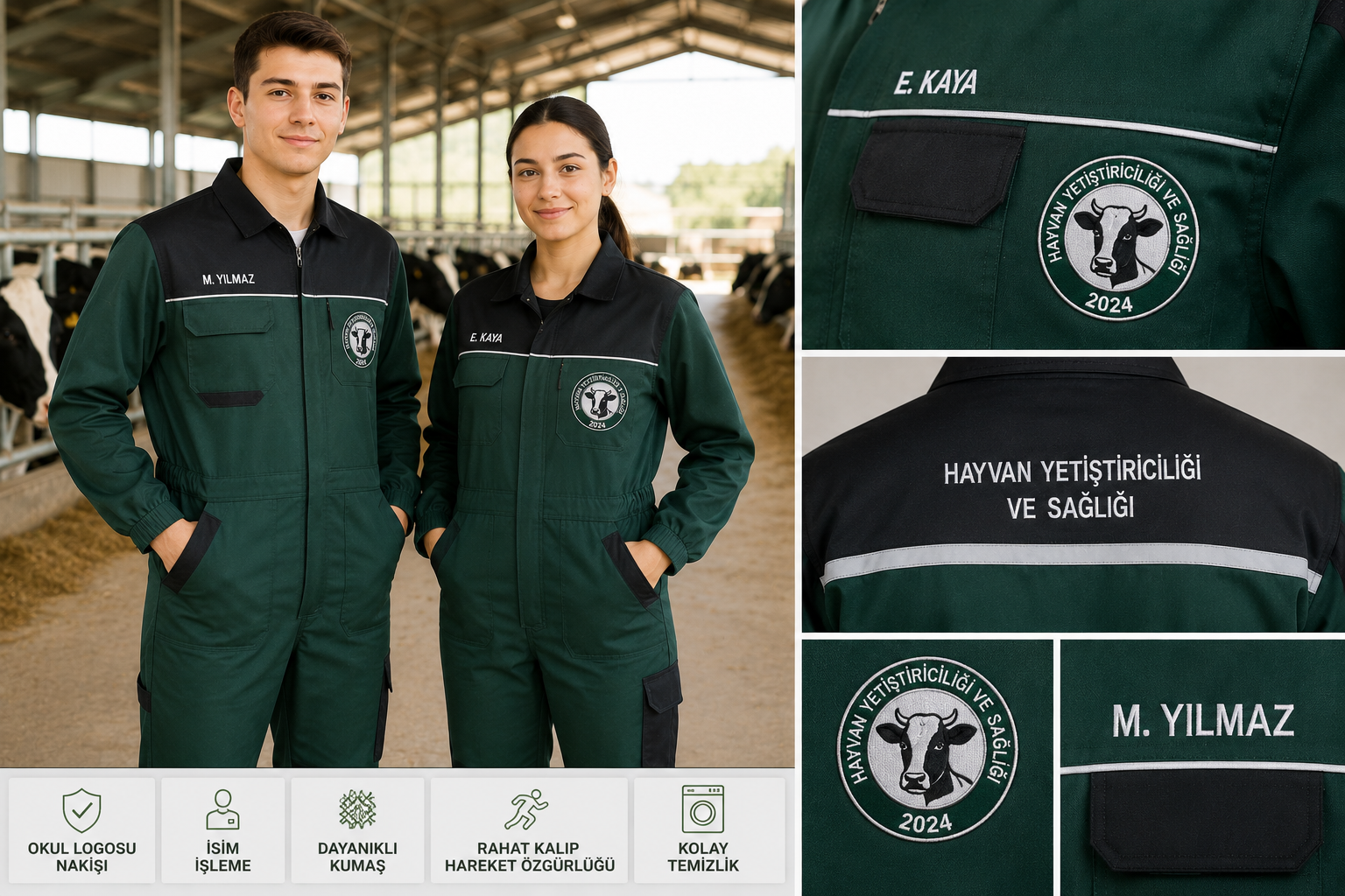 Krallar Tekstil okul logolu ve isim işlemeli Hayvan Yetiştiriciliği kıyafetleri; meslek liseleri ve MESEM'lere özel toplu üretim.
