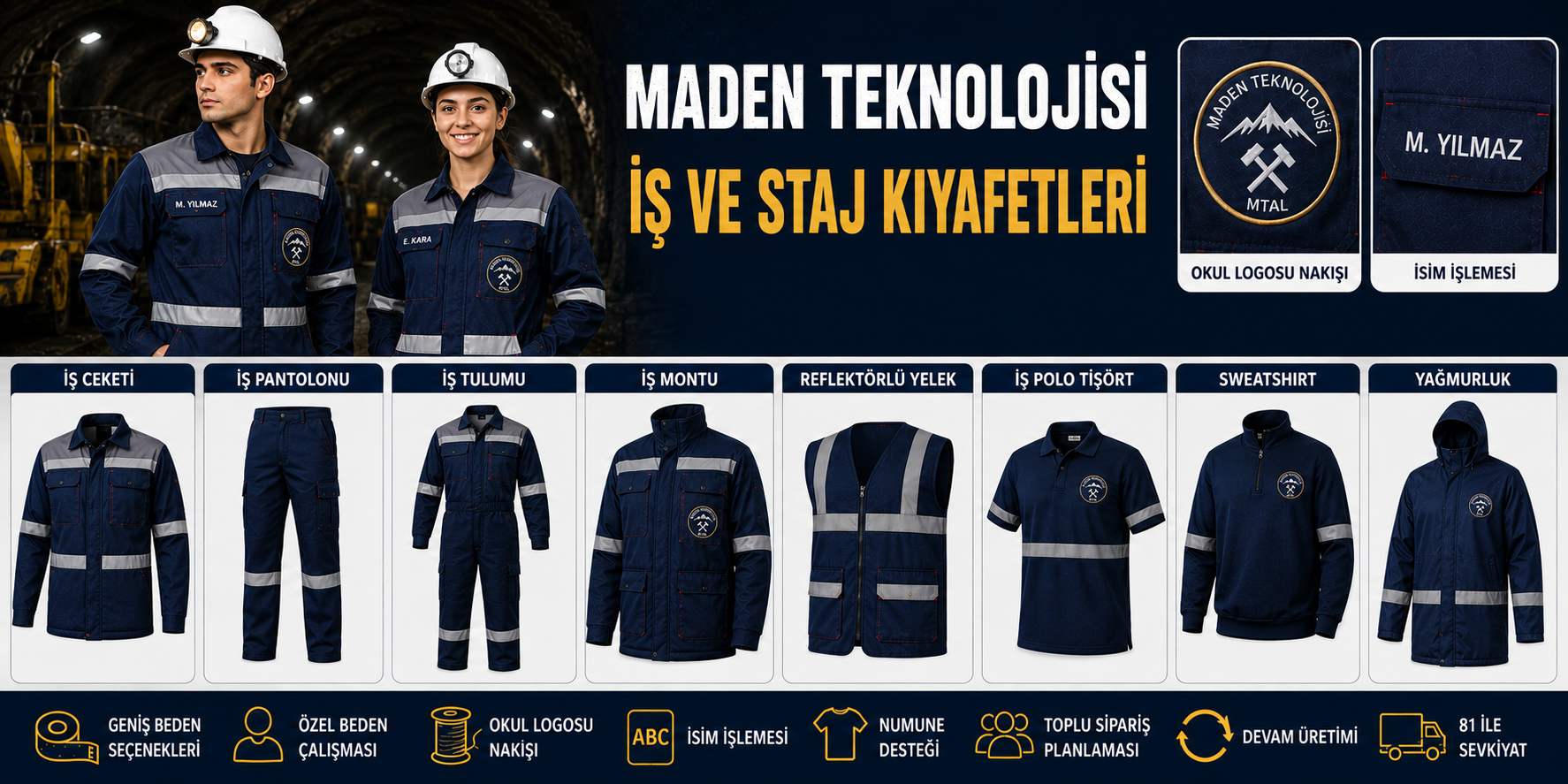 Maden Teknolojisi Öğrencileri İçin İş Ceketi, İş Pantolonu, İş Tulumu, İş Montu, Reflektörlü Yelek, Polo Tişört, Sweatshirt Ve Yağmurluk Gibi İş Ve Staj Kıyafetleri