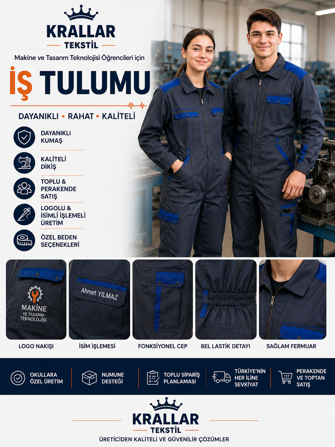 Makine ve Tasarım Teknolojisi öğrencileri için dayanıklı kumaş, kaliteli dikiş, fonksiyonel cep ve özel beden seçenekleriyle üretilen iş tulumu modelleri Krallar Tekstil tarafından hazırlanır.