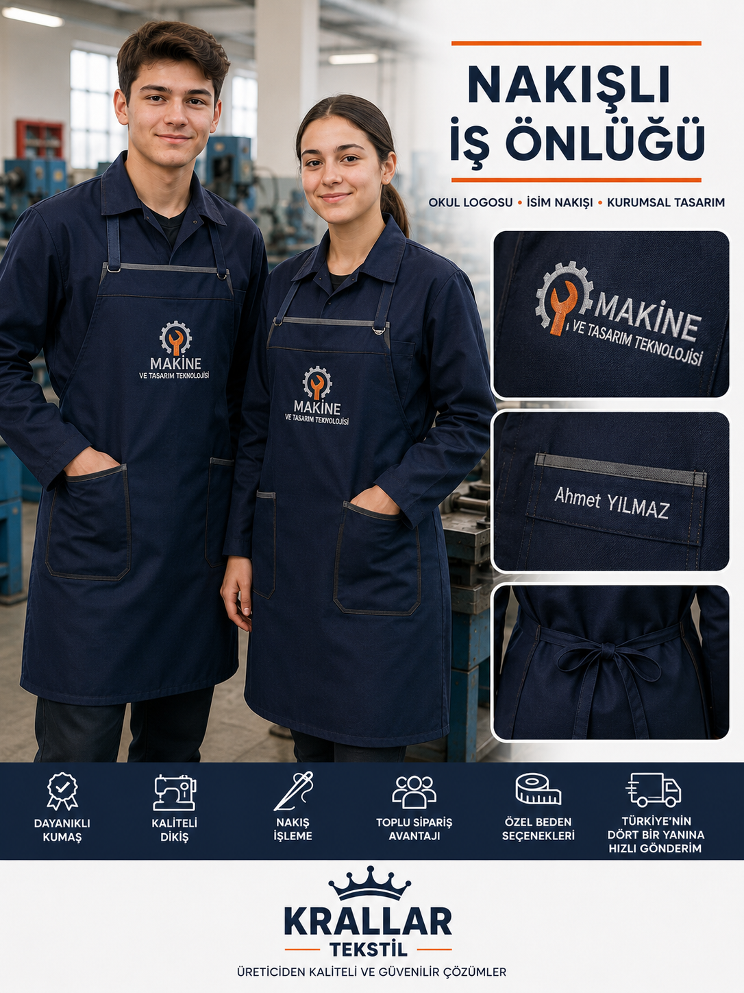 Makine ve Tasarım Teknolojisi öğrencileri için okul logolu, isim işlemeli ve dayanıklı kumaştan üretilen nakışlı iş önlüğü modelleri Krallar Tekstil kalitesiyle sunulmaktadır.