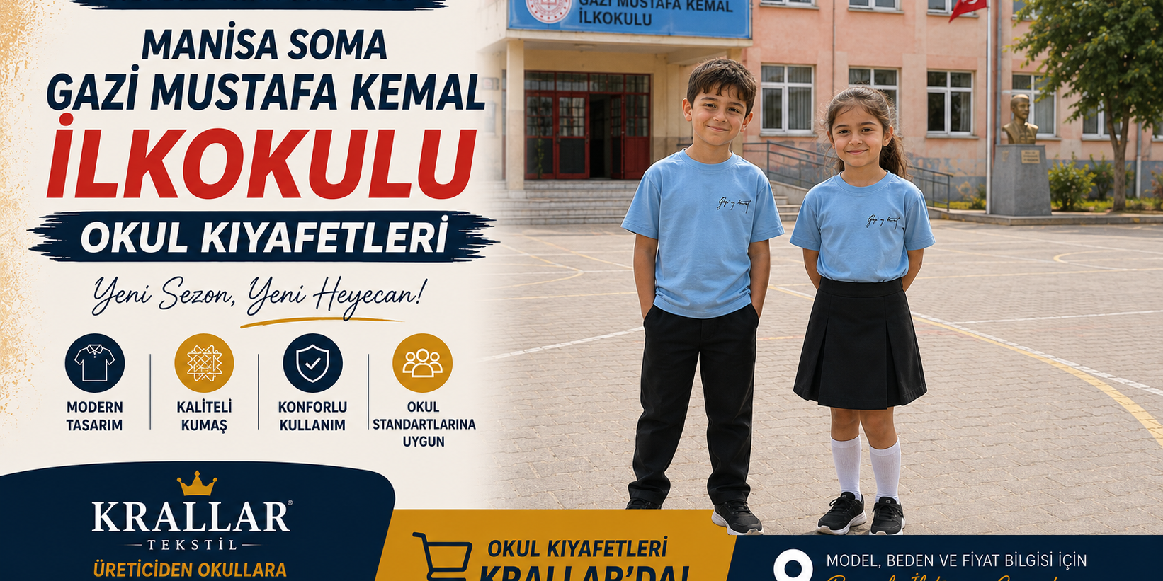 manisa-soma-gazi-mustafa-kemal-ilkokulu-okul-kiyafetleri-krallar Manisa Soma Gazi Mustafa Kemal İlkokulu 2026-2027 okul kıyafetleri. Açık mavi tişört ve siyah alt giyim modelleri Krallar Tekstil kalitesiyle.