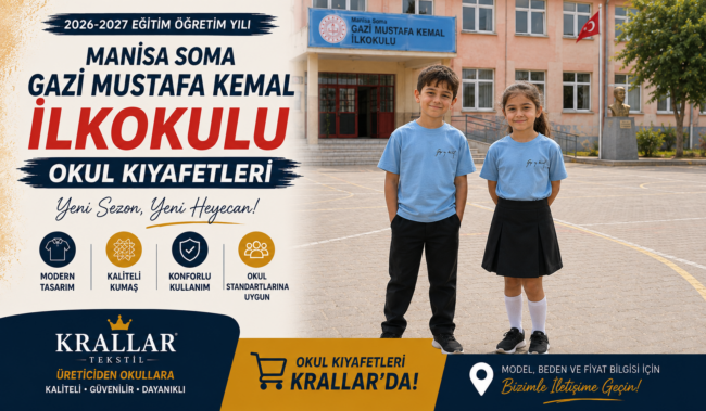 manisa-soma-gazi-mustafa-kemal-ilkokulu-okul-kiyafetleri-krallar Manisa Soma Gazi Mustafa Kemal İlkokulu 2026-2027 okul kıyafetleri. Açık mavi tişört ve siyah alt giyim modelleri Krallar Tekstil kalitesiyle.