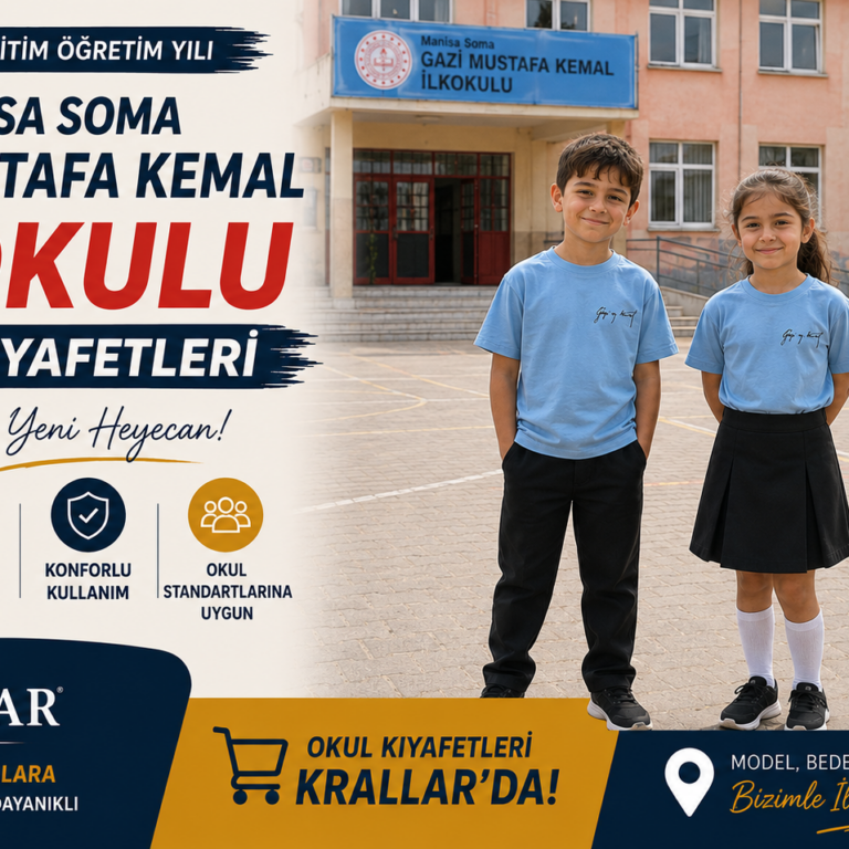 manisa-soma-gazi-mustafa-kemal-ilkokulu-okul-kiyafetleri-krallar Manisa Soma Gazi Mustafa Kemal İlkokulu 2026-2027 okul kıyafetleri. Açık mavi tişört ve siyah alt giyim modelleri Krallar Tekstil kalitesiyle.